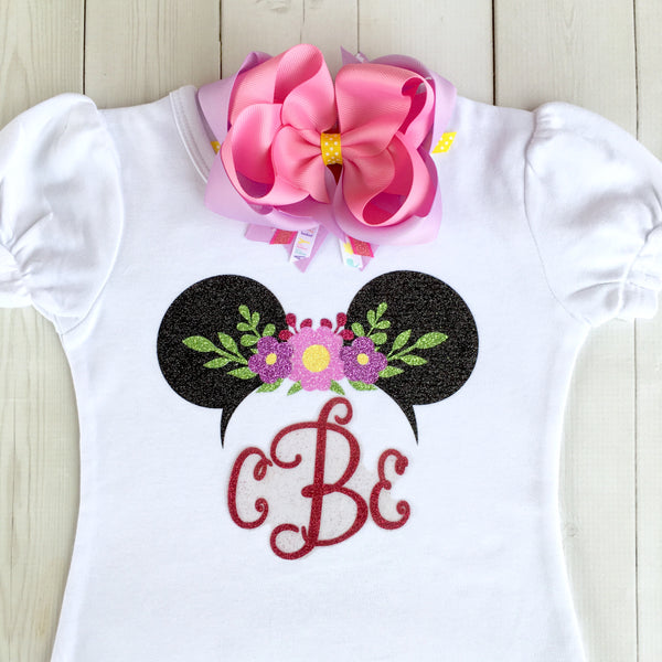 Spring Glitter Mouse With Floral Crown Shirt & Basic Ruffle Short Set