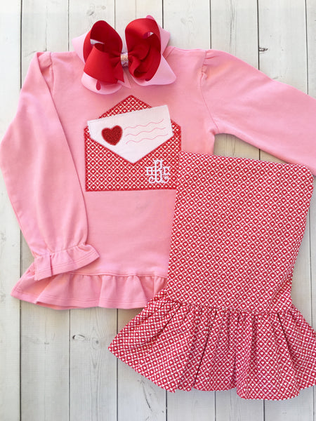 Embroidered Valentine Letter Shirt and Ruffle Pant Set