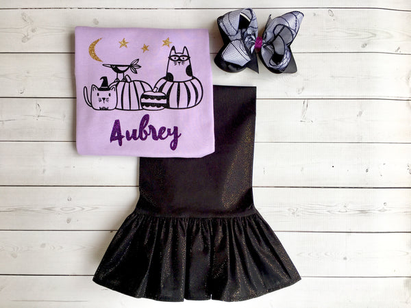 Glitter Halloween Cats and Pumpkins Single Ruffle Pant Set