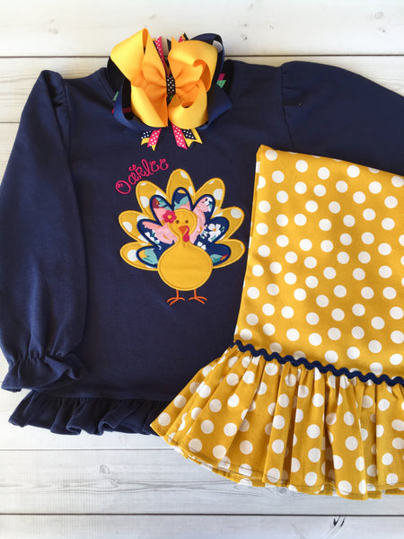 Thankful Embroidered Girl Turkey Single Ruffle Pant Set