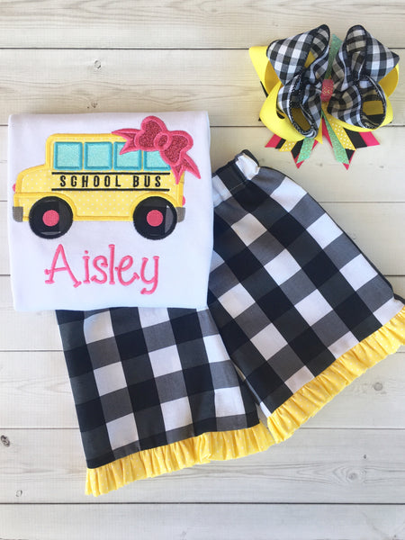 Little Miss Back To School Embroidered Bus Basic Ruffle Short Set