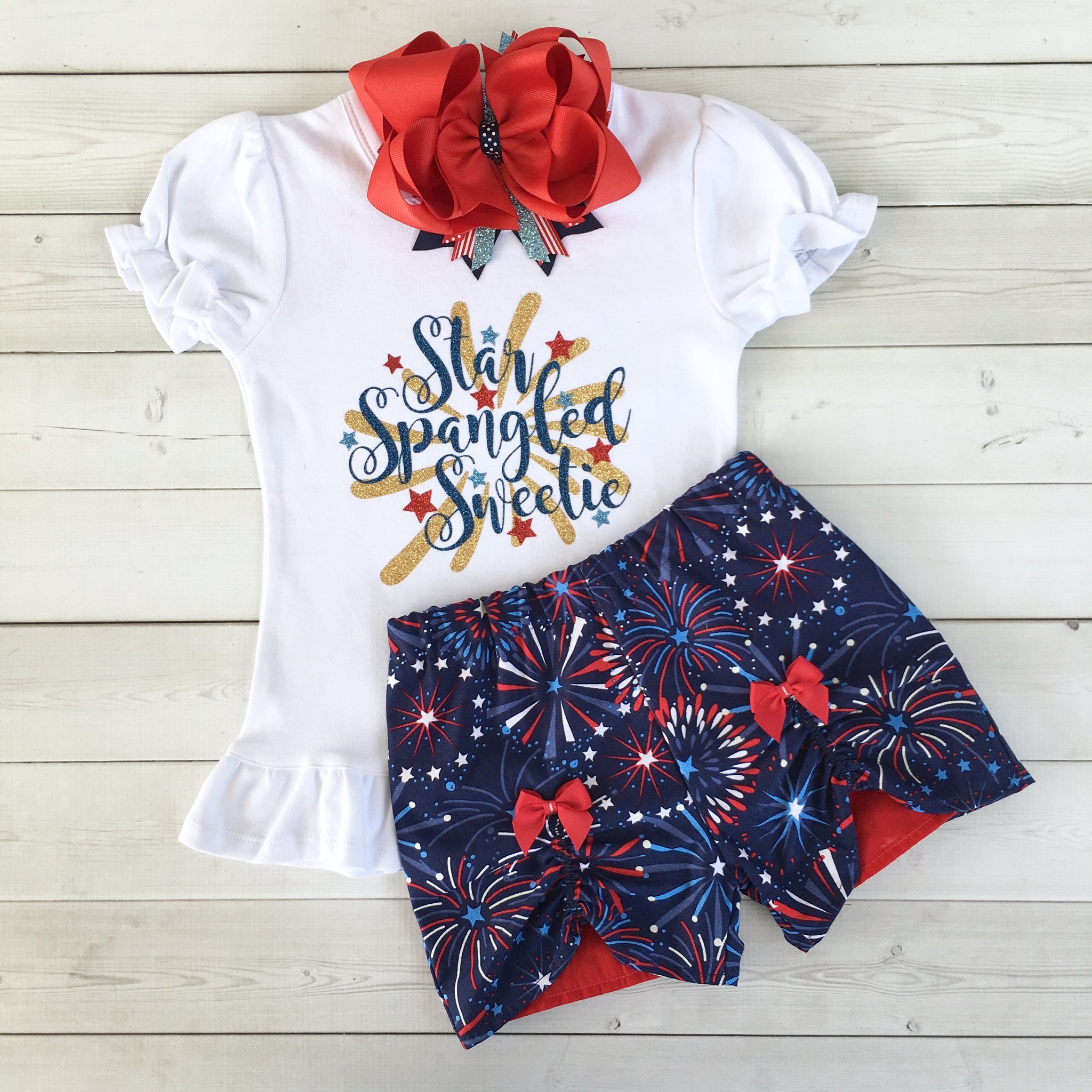 Freedom and Fireworks Star Spangled Sweetie Girl Glitter Peek-A-Boo Short Set
