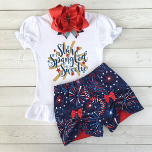 Freedom and Fireworks Star Spangled Sweetie Girl Glitter Peek-A-Boo Short Set
