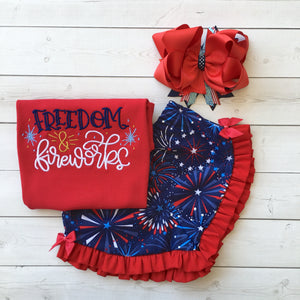 Freedom and Fireworks Embroidered Girl Ruffle Short Set