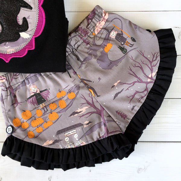 Glitter Witch Hat and Friends Ruffle Short Set