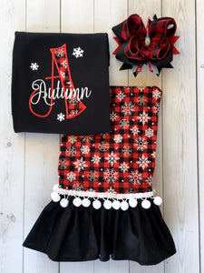 Embroidered Name & Snowflakes/Red Buffalo Plaid Pant Set