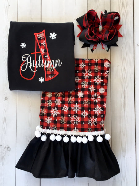 Embroidered Name & Snowflakes/Red Buffalo Plaid Pant Set