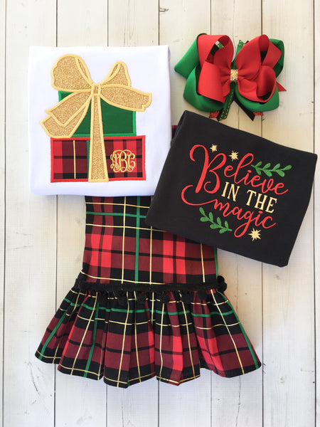 Embroidered Christmas Presents Single Ruffle Pant Set