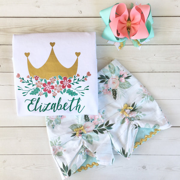 Gorgeous princess outfit for girls, toddlers and babies. Gold crown covered in glitter pink flowers customized with full name. Floral peek a boo shorts are perfection!