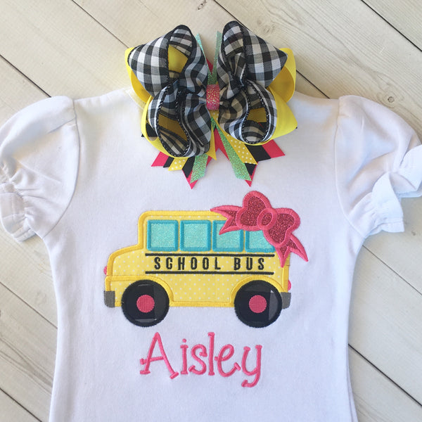 Little Miss Back To School Embroidered Bus Basic Ruffle Short Set
