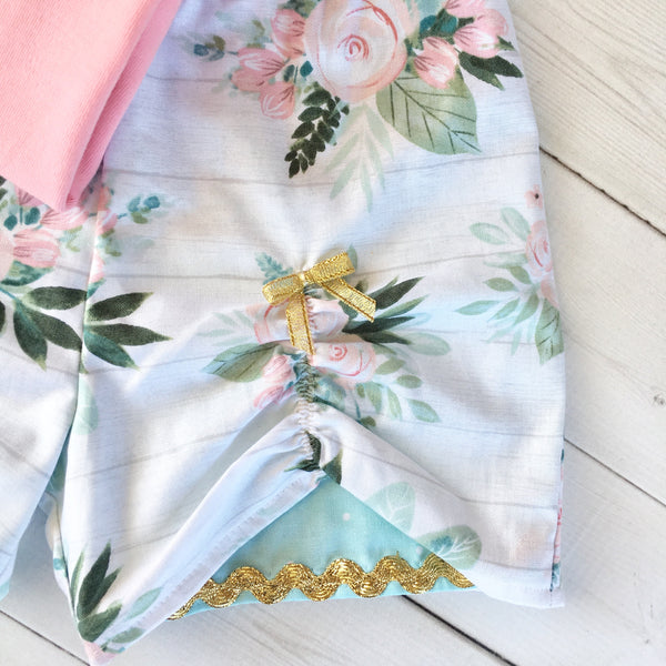 Gorgeous princess outfit for girls, toddlers and babies. Gold crown covered in glitter pink flowers customized with full name. Floral peek a boo shorts are perfection!