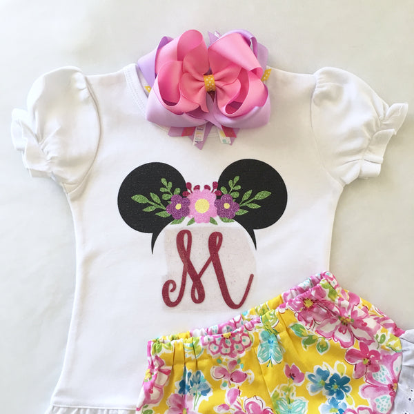 Spring Glitter Mouse With Floral Crown Shirt & Basic Ruffle Short Set