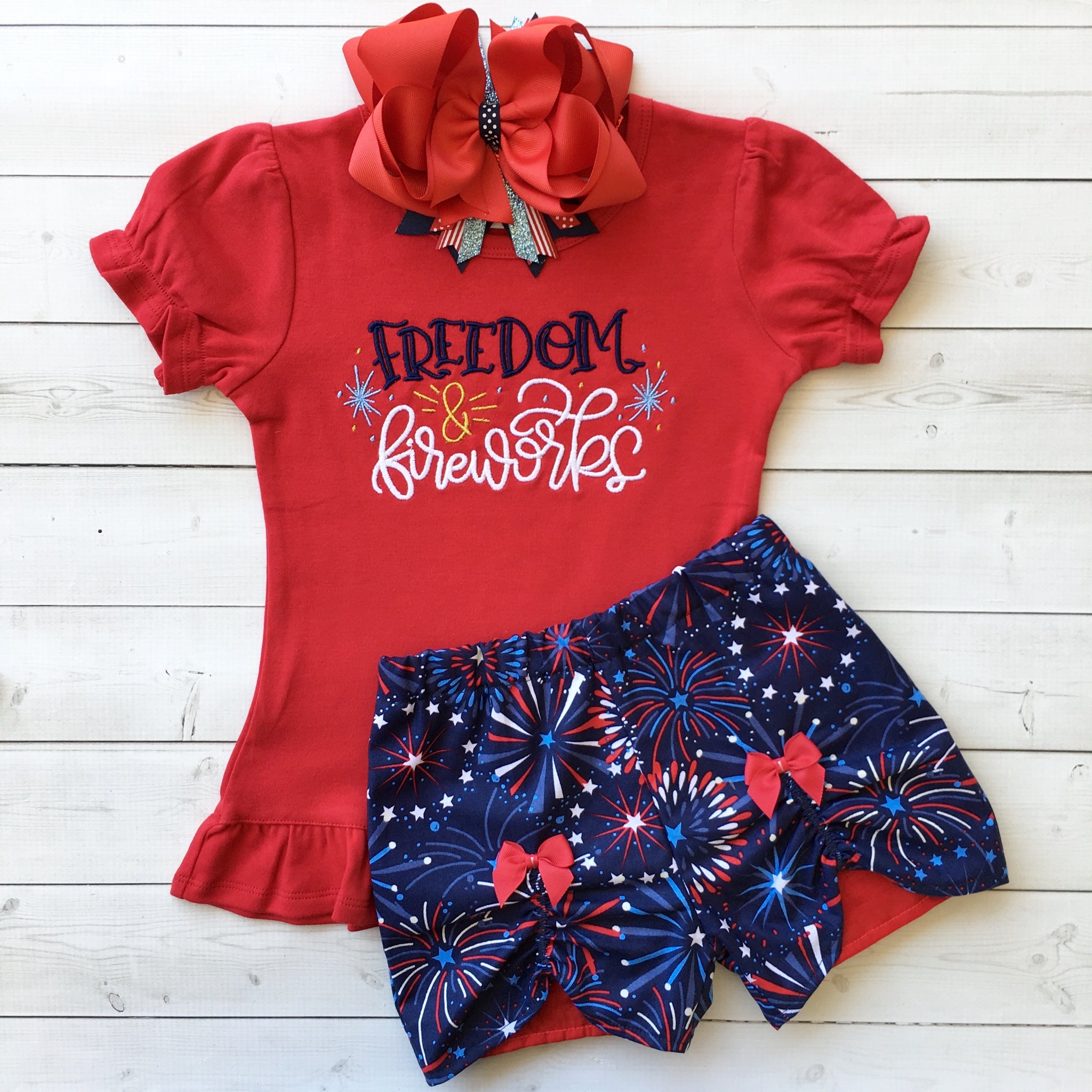 Freedom and Fireworks Embroidered Girl Peek-A-Boo Short Set