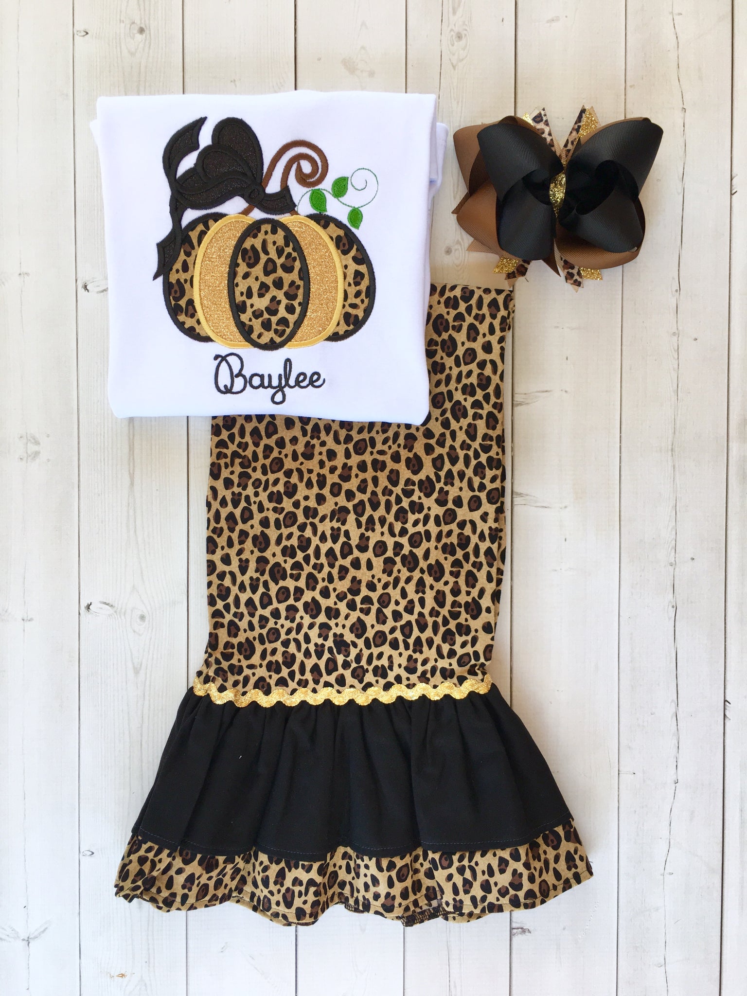 Girls Leopard Embroidered Pumpkin Double Ruffle Pant Set My
