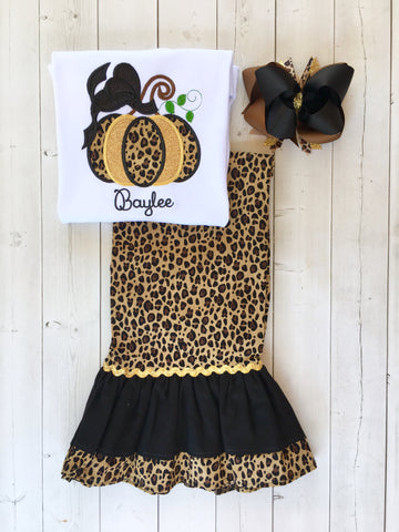 Girls Leopard Embroidered Pumpkin Double Ruffle Pant Set