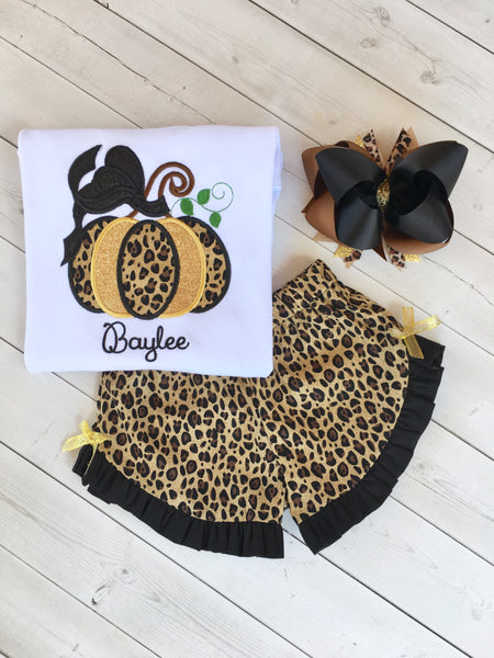 Girls Leopard Embroidered Pumpkin Ruffle Shortie Set