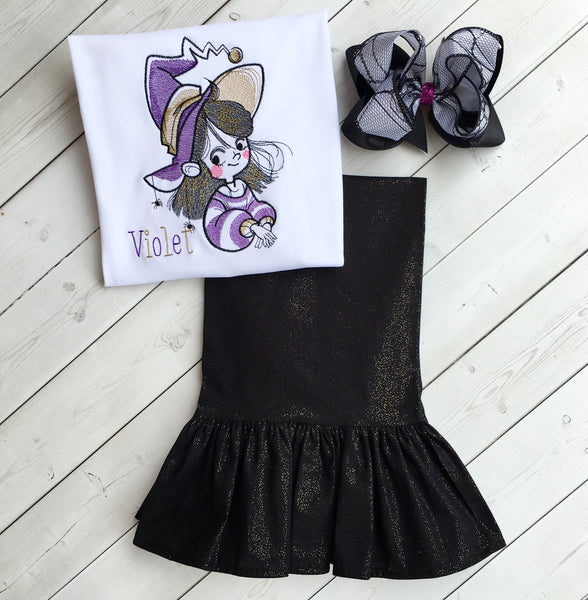 Good Little Witch Embroidered Sketch and Single Ruffle Pant Set