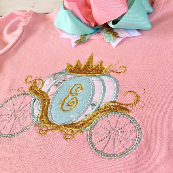 Gorgeous princess shirt for girls, toddlers and babies. Cinderella -inspired carriage topped with glitter crown, custom with first initial in the center. 