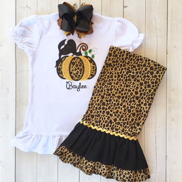 Girls Leopard Embroidered Pumpkin Double Ruffle Pant Set