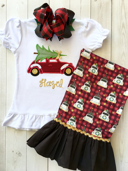 Vintage Christmas Car Embroidered Ruffle Pant Set