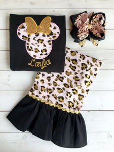 Walkin' On the Wild Side Girl's Cheetah Mouse Embroidered Single Ruffle Pant Set