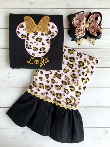 Walkin' On the Wild Side Girl's Cheetah Mouse Embroidered Single Ruffle Pant Set