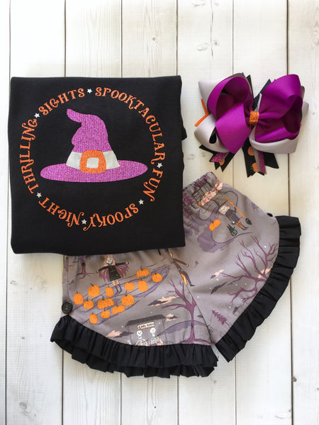 Glitter Witch Hat and Friends Ruffle Short Set