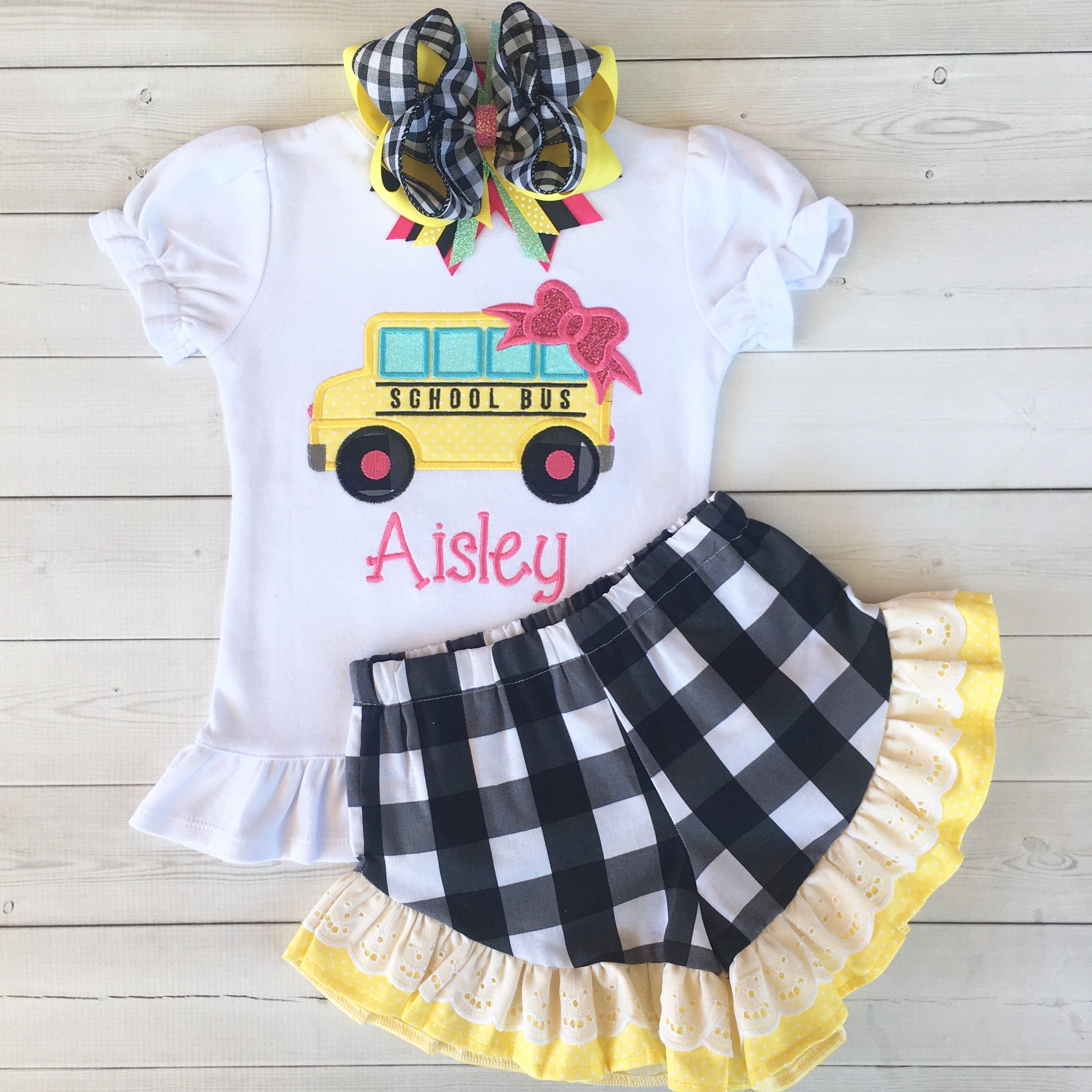 Little Miss Back To School Embroidered Bus Ruffle Short Set
