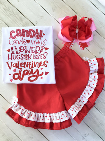 Valentines Day outfit for girls with red ruffled shorts