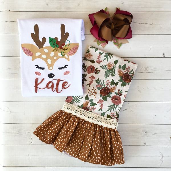 Girls Glitter Deer Shirt and Single Ruffle Pant Set