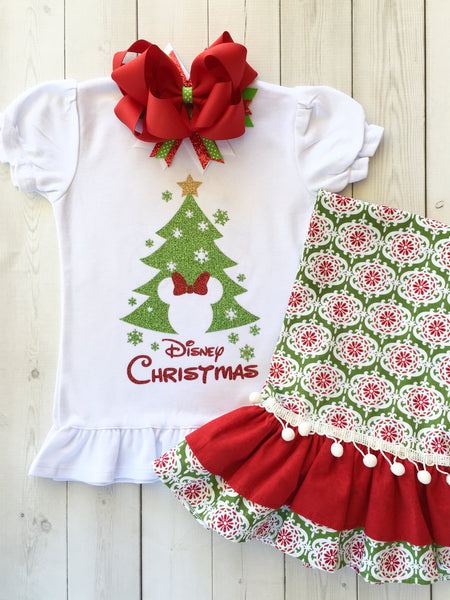 Christmas Tree Glitter Mouse Double Ruffle Pant Set