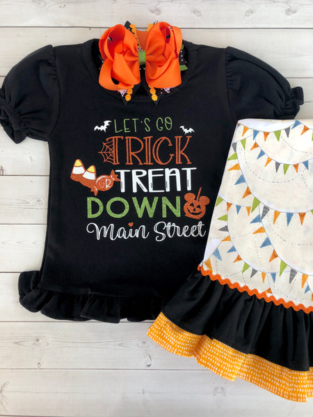 Halloween Pennants-Trick or Treat Down Main Street Glitter Double Ruffle Pant Set