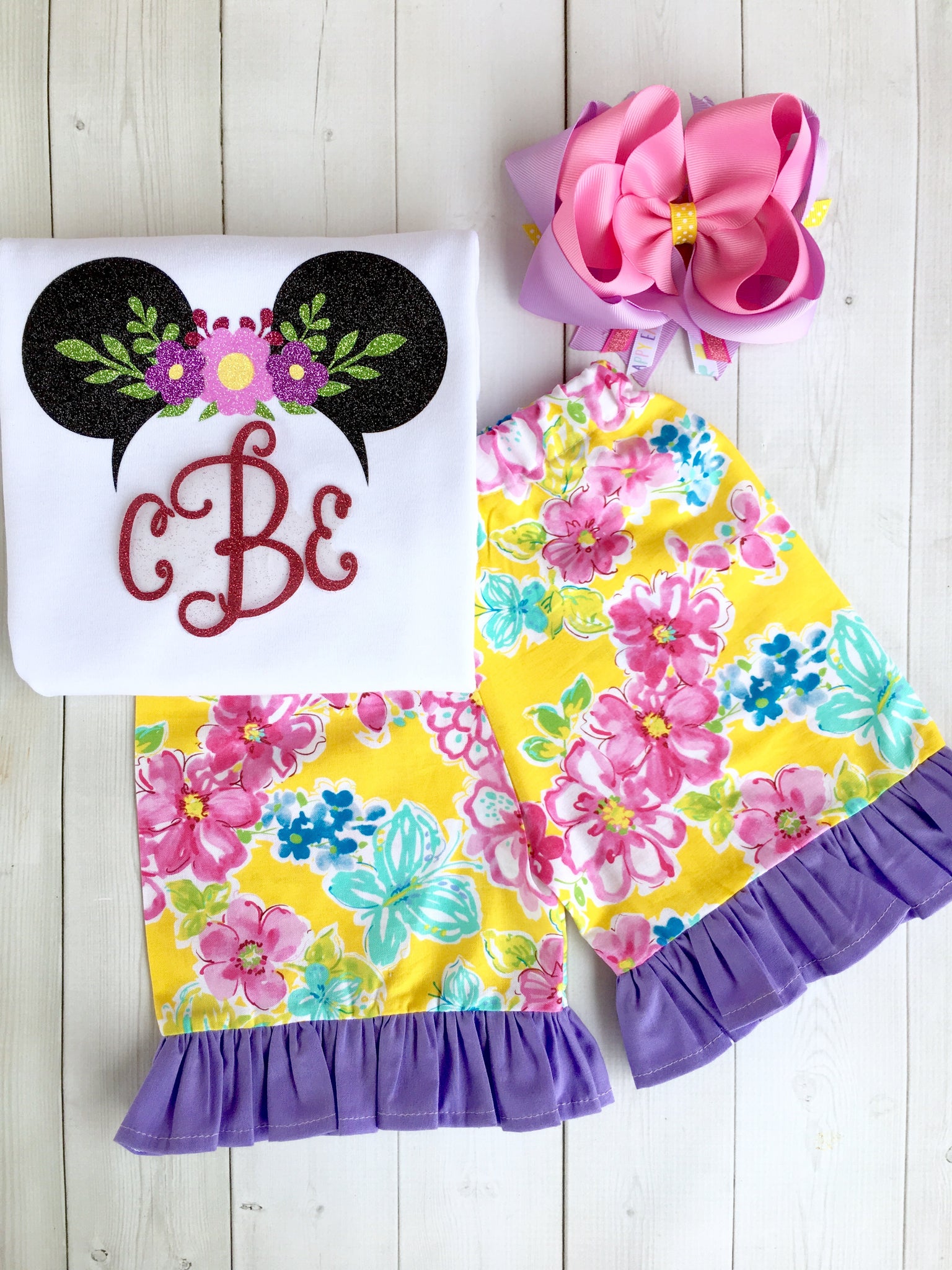 Spring Glitter Mouse With Floral Crown Shirt & Basic Ruffle Short Set