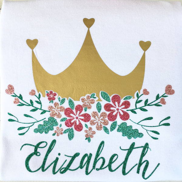 Gorgeous princess shirt for girls, toddlers and babies. Gold crown covered in glitter pink flowers customized with full name. 