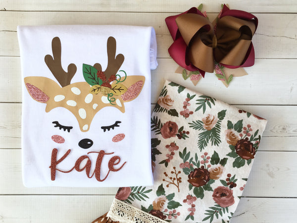 Girls Glitter Deer Shirt and Single Ruffle Pant Set