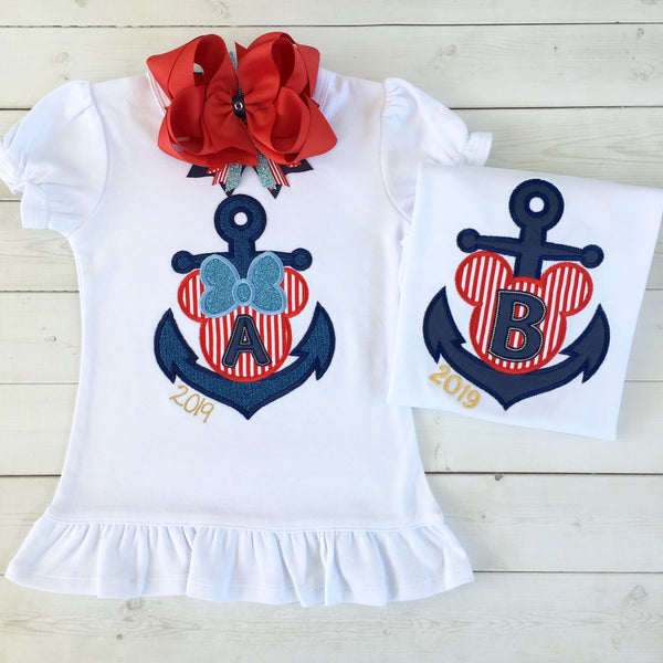 Cruisin' On The High Seas- Embroidered "Mouse Anchor" Striped Ruffle Shortie