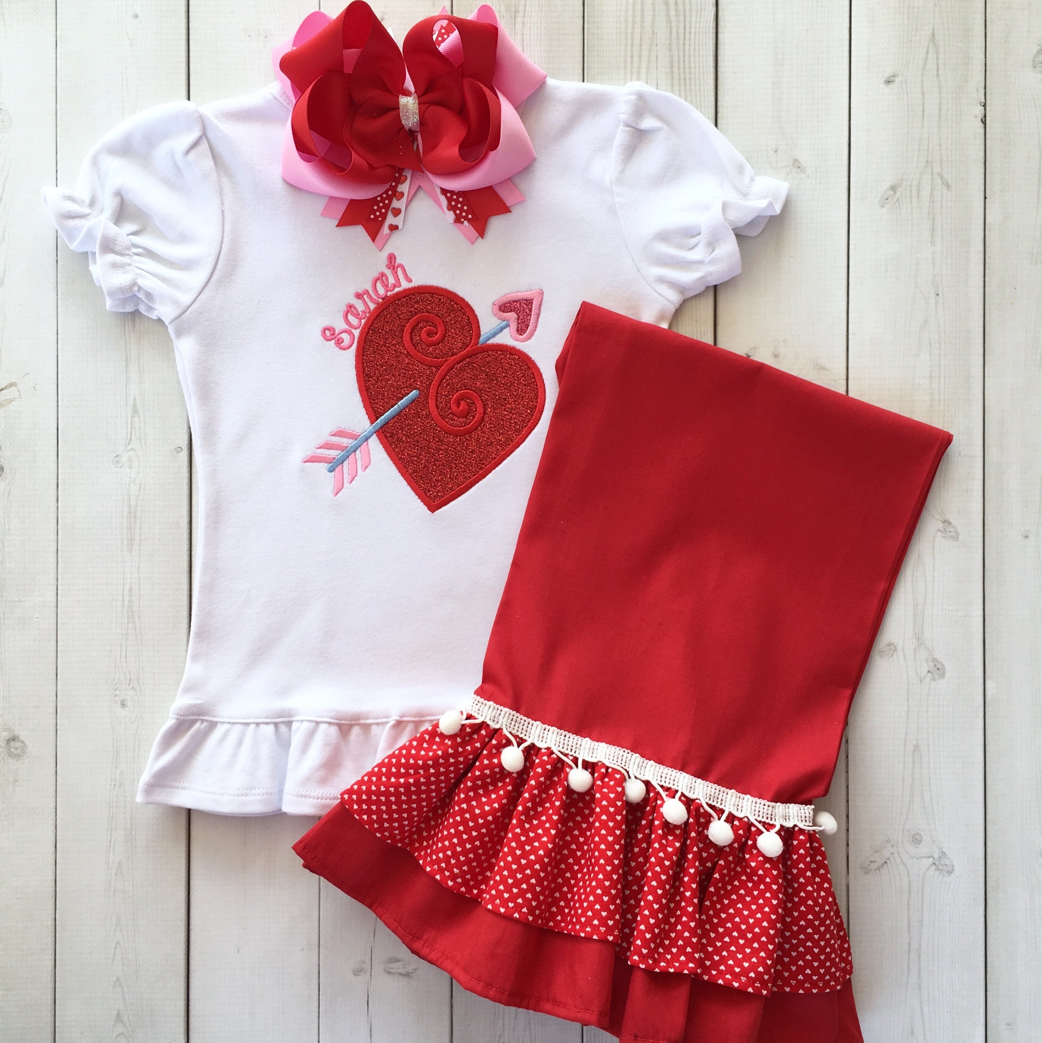 Embroidered Valentine Heart Double Ruffle Pant Set