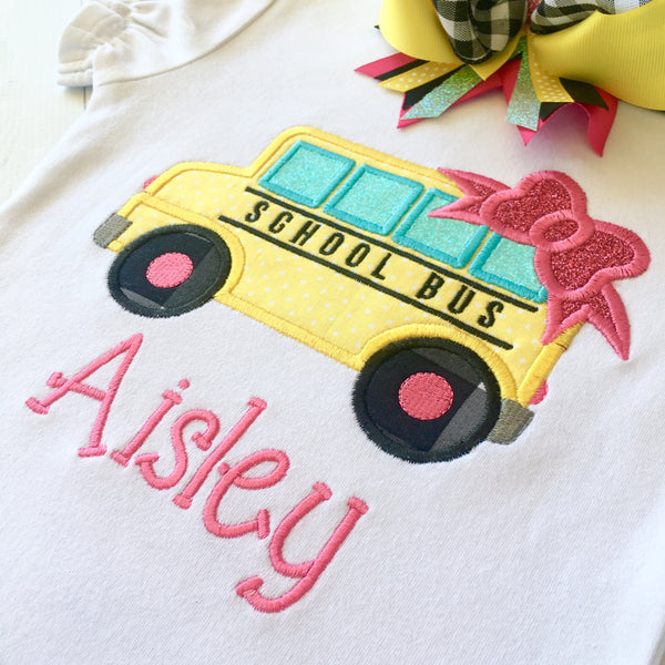 Little Miss Back To School Embroidered Bus Basic Ruffle Short Set