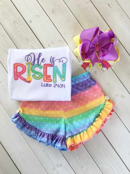 He Is Risen Rainbow Embroidered Ruffle Shortie Set