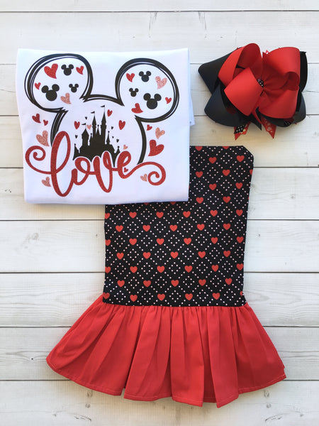 Loving The Castle Glitter Valentine Shirt and Black/Red Hearts Single Ruffle Pant Set