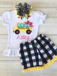 Little Miss Back To School Embroidered Bus Basic Ruffle Short Set