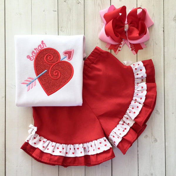 Embroidered Valentine Heart Ruffle Shortie Set