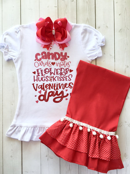 Valentine's Day Outfit for Girls with red pants and hearts 