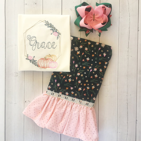 Embroidered Pumpkin Frame Single Ruffle Pant Set