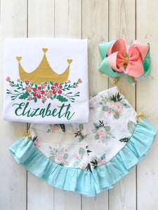 Gorgeous princess outfit for girls, toddlers and babies. Gold crown covered in glitter pink flowers customized with full name. Ruffled floral shorts are perfection!