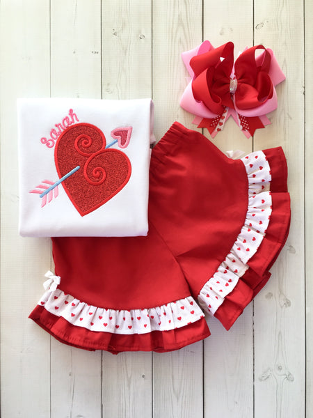 Embroidered Valentine Heart Ruffle Shortie Set