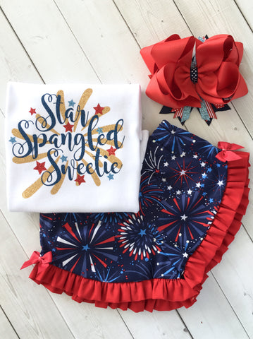 Freedom and Fireworks Star Spangled Sweetie Girl Glitter Ruffle Short Set