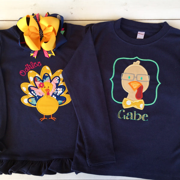 Thankful Embroidered Girl Turkey Shirt ONLY