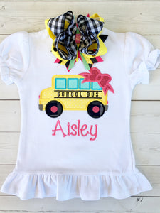 Little Miss Back To School Embroidered Bus SHIRT ONLY