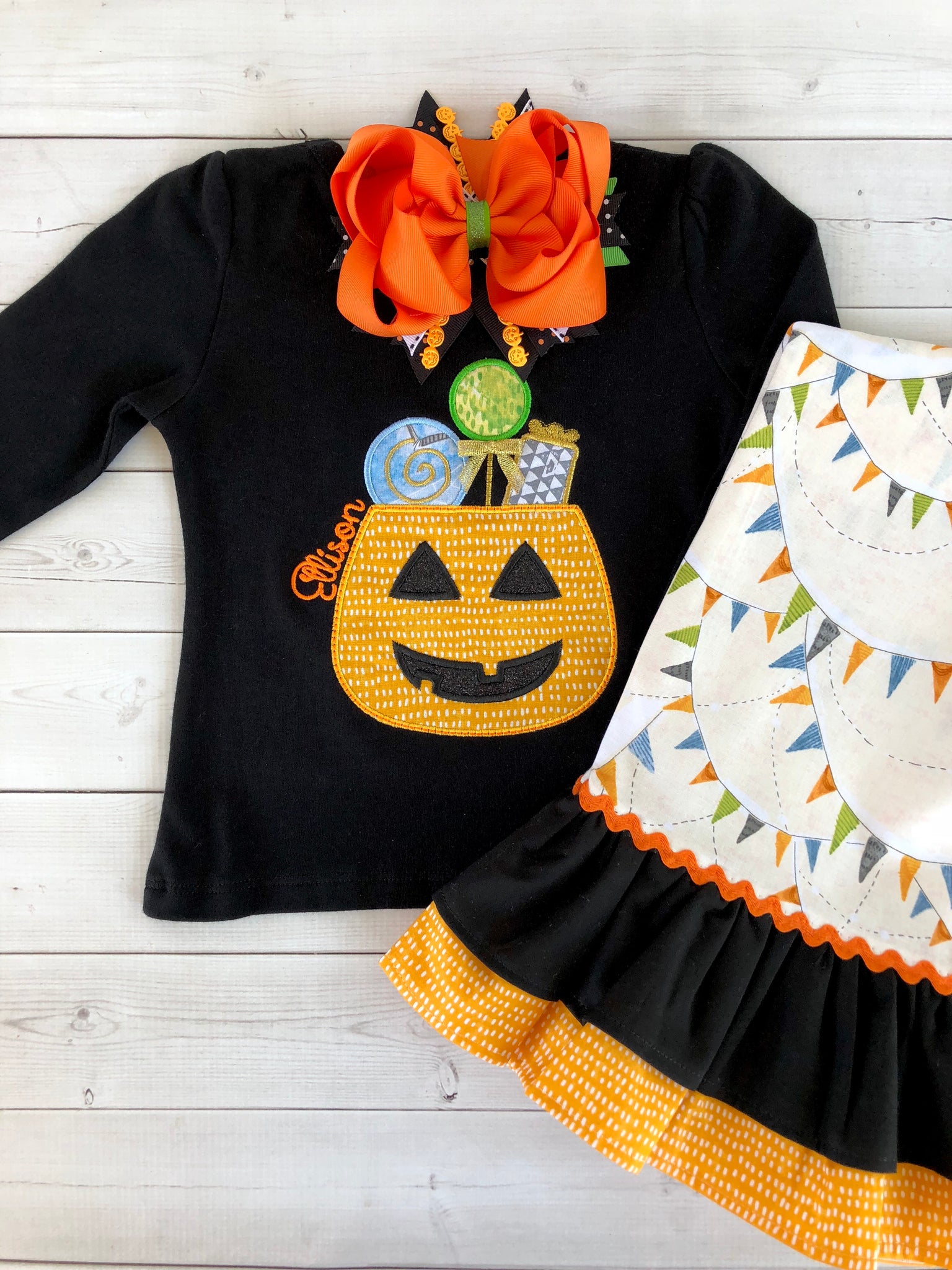 Halloween Pennants- Classic Candy Embroidered Double Ruffle Pant Set